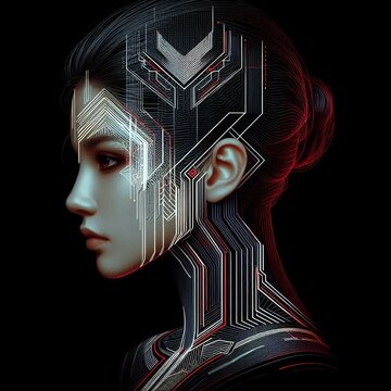 High-tech girl. Concept of AI of the future, wearable AI devices. Cybernetic of the future.
