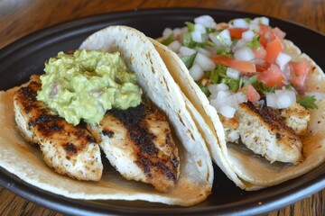 Grilled Fish Tacos with Fresh Guacamole and Pico de Gallo Served on Soft Tortillas Ready for a Delicious Meal