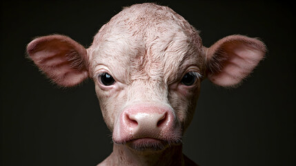 Fototapeta premium Angry calf portrait, dark background, farm animal