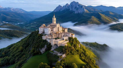 Fototapeta premium stunning medieval castle on hill surrounded by misty mountains