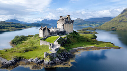 stunning medieval castle on hill surrounded by water and mountains