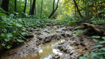 Obraz premium Serene forest stream flowing through lush mud covered path surrounded by vibrant greenery and gentle sunlight filtering through trees