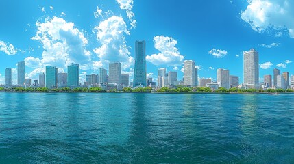 Obraz premium Sunny cityscape waterfront, Tokyo, Japan. Panoramic view, ideal for travel brochures