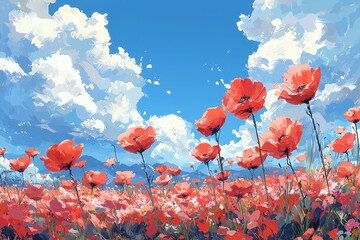 Obraz premium A vibrant field of red poppies under a bright blue sky with fluffy clouds.