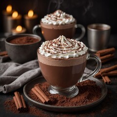 A rich, creamy hot chocolate topped with whipped cream and cocoa powder.