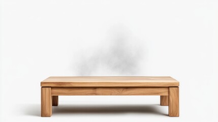 Minimalist wooden table with smoke effect on a white background for creative design and artistic imagery