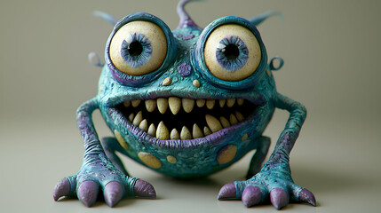 3D Illustration Funny Monster, Big Eyes, Sharp Teeth, Blue Skin, Purple Claws