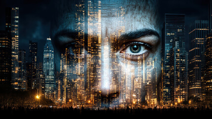 Surreal artistic representation of cityscape with human face