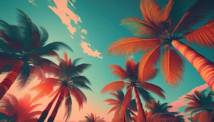 VintageTinted Tropical Paradise Striking Palm Trees Bathed in Retro Hues, Evoking a Timeless Island Escape on a Warm and Balmy Day.
