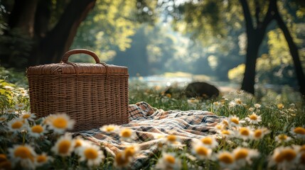 Serene Picnic Basket in a Sunny Meadow