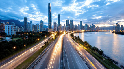 Fototapeta premium stunning cityscape at dusk, showcasing skyscrapers and river