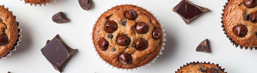 A chocolate chip muffin surrounded by cocoa beans and chocolate chunks, artisanal aesthetic, isolated on white background