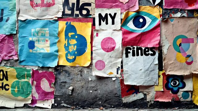 Layered Abstract Collage of Textured Papers with Geometric and Eye Motifs on a Weathered Wall