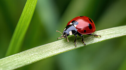 Fototapeta premium tiny ladybug resting on single blade of grass, showcasing vibrant colors
