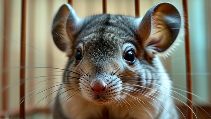 Obraz premium Close up of chinchilla in cage, showcasing its soft fur and expressive eyes Highlights companionship and pet care