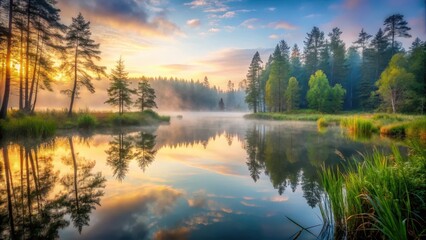 Fototapeta premium Misty forest pond at dawn, outdoor photography, serene landscape