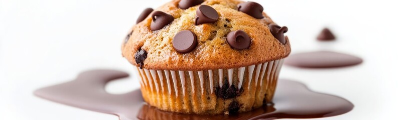A chocolate chip muffin surrounded by melted chocolate pools, rich and indulgent, isolated on white background