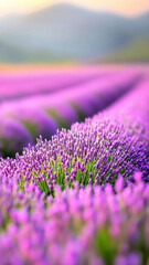Obraz premium Lavender fields stretch under pastel twilight sky, creating serene and calming atmosphere. vibrant purple flowers sway gently in breeze, inviting tranquility and peace