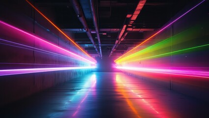 Vibrant corridor with illuminated neon beams creating a dynamic and futuristic atmosphere  Perfect for tech, nightlife, or abstract art concepts