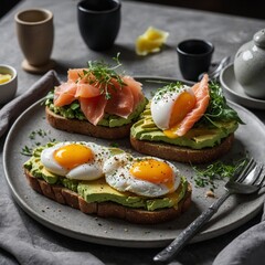 A gourmet breakfast with avocado toast, poached eggs, and smoked salmon.