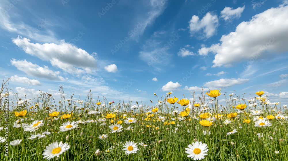 Sticker vibrant flower field in full bloom under bright blue sky