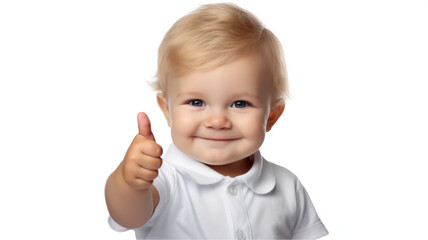 A cute baby smiling and giving a thumbs-up