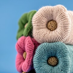 Naklejka premium Colorful Knitted Flower Bouquet Handmade Crafts Yarn Texture Closeup