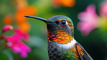 Vibrant close up of hummingbird amidst colorful flowers, showcasing intricate feathers and engaging with nature's beauty