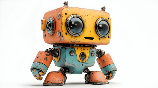 3D Illustration Cute Robot, Colorful, Retro, Toy, Mechanical, Futuristic, Artificial Intelligence, Character Design, Isolated