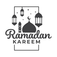 Ramadan Kareem Greeting with Mosque and Lanterns
