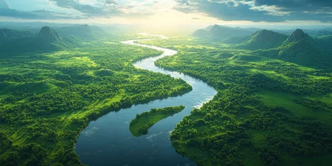 Foto op Plexiglas Serene River Winding Through Lush Green Landscape © tydeline