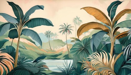 Vibrant Tropical Landscape PastelToned Banana Leaf Murals Art Embracing a Lush, Exotic Setting, Perfect for Interior Design or Wall Decor