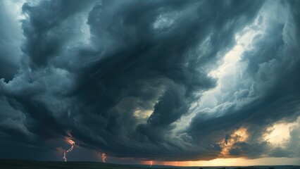 Dramatic storm clouds swirl in the sky, illuminated by distant lightning and fading sunlight, creating an intense atmospheric scene