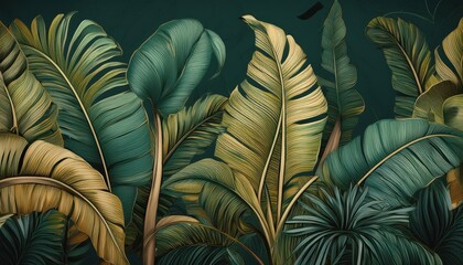 Vibrant Tropical Mural Art Banana Trees Amidst a Dark Background, Showcasing Exotic Pattern Designs for Home Decor or Office Spaces