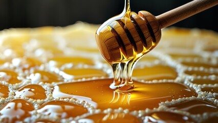Close up of honey dripping from a wooden dipper onto a honeycomb surface  Ideal for culinary and health related concepts