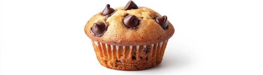 A chocolate chip muffin, golden brown with melted chocolate chips, hyper-realistic detail, isolated on white background