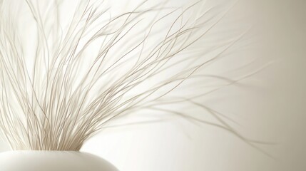 Fototapeta premium White vase, delicate grass, soft light, calm background, home decor