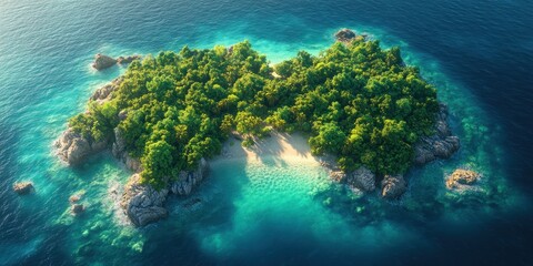 Tropical Island Paradise: Lush greenery, pristine beach, turquoise waters. An idyllic escape.