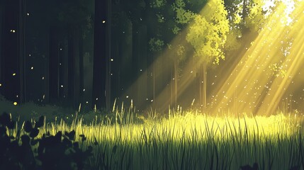 Obraz premium Serene Forest Clearing with Soft Sunlight and Glowing Fireflies