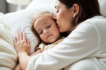 Tender Moment of a Mother Kissing Her Sleeping Daughter in a Cozy Bedroom Setting, Capturing the Essence of Love and Affection in Family Life