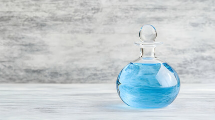 Blue liquid in glass bottle on white table