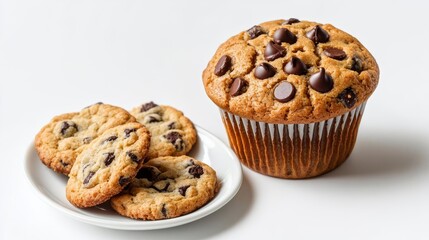 A chocolate chip muffin paired with a latte, trendy coffee shop vibe, isolated on white background