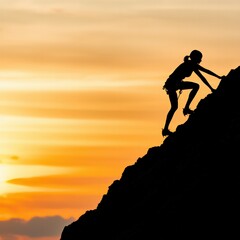 Silhouette of a Female Climber Ascending a Rugged Mountain at Sunset with Dramatic Sky
