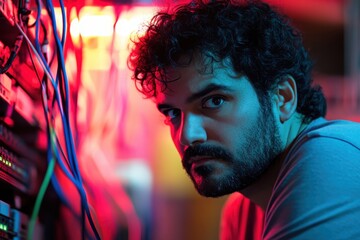 Introspective Technician Surrounded by Colorful Network Cables in a Modern Server Room, Capturing the Essence of Technology and Focused Work Ethic