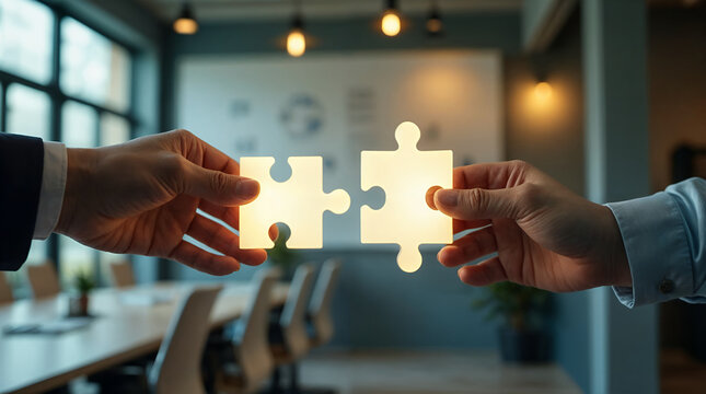 A conceptual image of two business professionals connecting two puzzle pieces, symbolizing teamwork, collaboration, strategic partnerships, and problem-solving in corporate success.