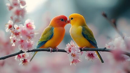 Adorable Lovebirds Perched on a Blooming Branch Celebrating the Beauty of Nature and Companionship