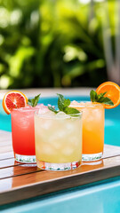 Fototapeta premium Refreshing summer cocktails with vibrant colors and tropical garnishes, perfect for sunny day by pool. Enjoy flavors of citrus and mint in these delightful drinks
