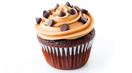 A chocolate chip muffin styled like a cupcake, with frosting and decorations, creative design, isolated on white background