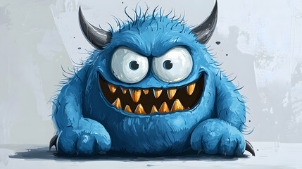 Illustration of a Blue Furry Monster with Horns, Sharp Teeth, and Wide Eyes