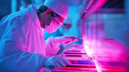 Employees are adjusting plasma etching parameters to optimize chip structures.